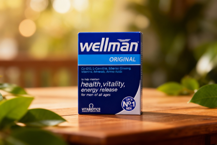 قرص ولمن اورجینال روی میز چوبی با برگ‌ های سبز